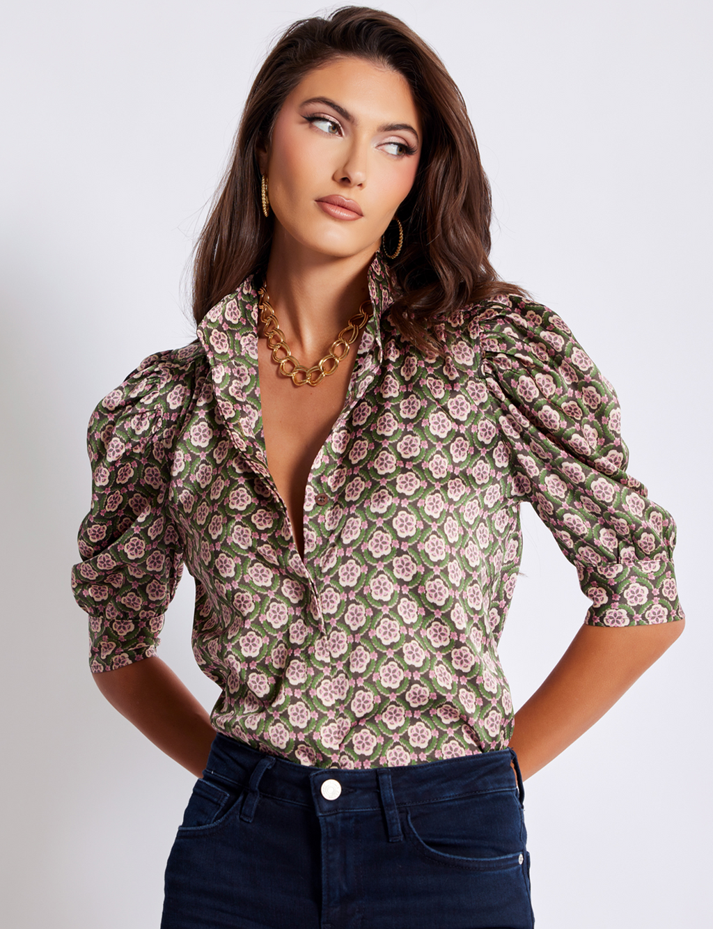 Cate Ruched Sleeve Top, Clover Print